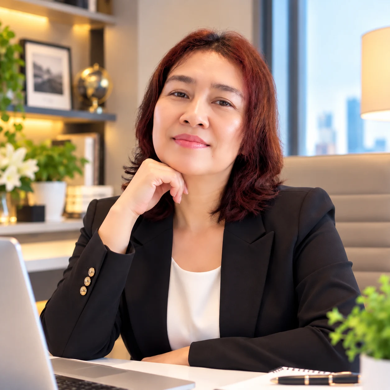 Jona Teodosio seated at a desk in a black blazer